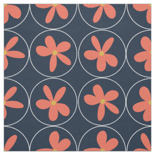 Tissu Grand carreau de coton fleuri corail de la Marine