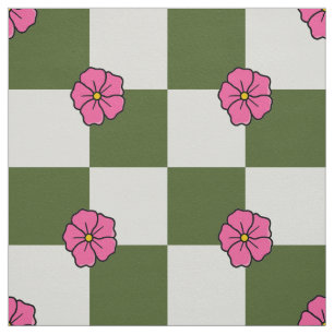 Tissu Grand Damier Floral Rose Olives Sergé
