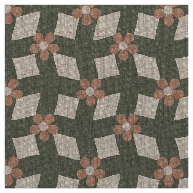 Tissu Grand motif floral abstrait olive - Lin naturel (Échantillon)