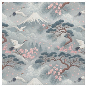 Tissu Grues japonaises & motif Mont Fuji Fleur de cerisi