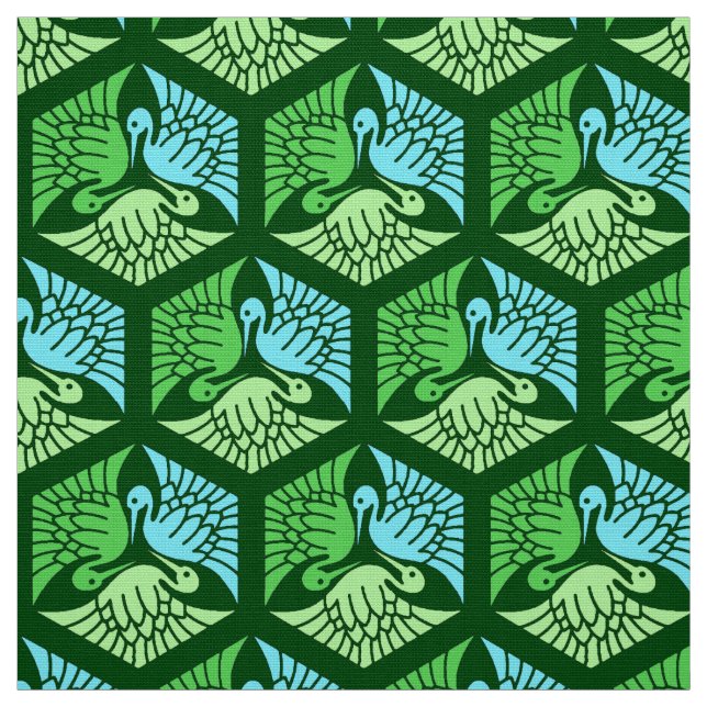 Tissu Grues japonaises, vert jade et bleu clair (Échantillon)