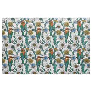 Tissu Guêpiers, papillons bleus et marguerites sur fond