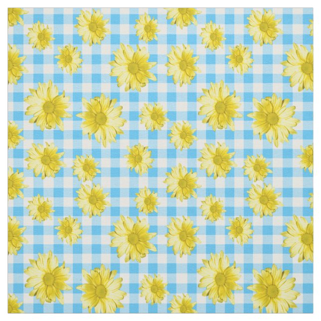 Tissu Guingan jaune de blanc de turquoise de marguerite (Échantillon)