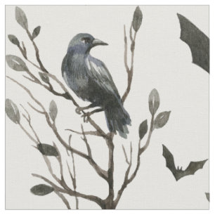 Tissu Halloween Corbeaux chauves-souris noir et blanc Aq