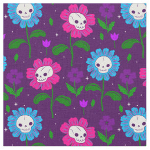 Tissu halloween crâne floral fleurs pourpre