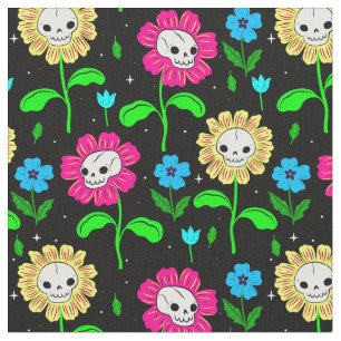Tissu halloween floral crâne fleurs noir