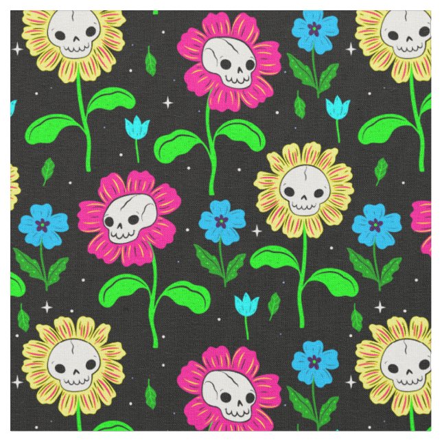 Tissu halloween floral crâne fleurs noir (Fermer)