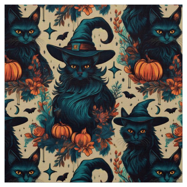 Tissu Halloween gothique chat noir sorcier motif (Échantillon)