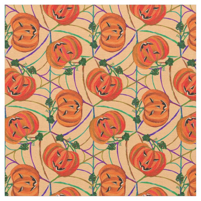 Tissu Halloween Jack o'lantern Cobwebs Motifs Citrouille (Fermer)
