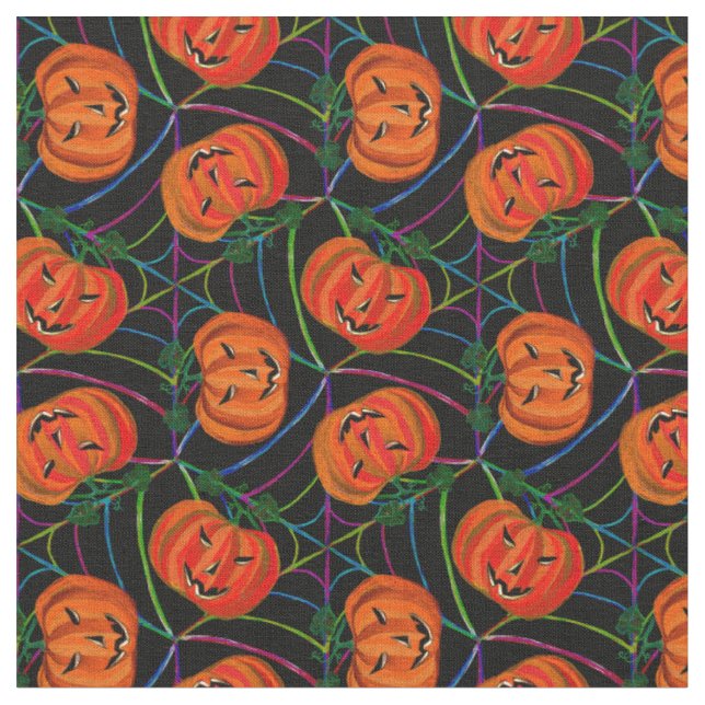 Tissu Halloween Jack o'lantern Cobwebs Motifs Citrouille (Fermer)
