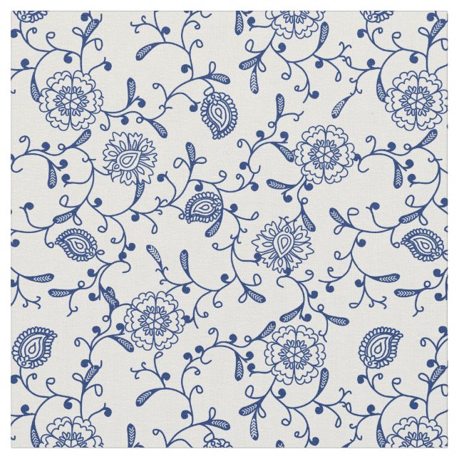 Tissu Hamptons bleu esthétique Blanc floral Motif Boho (Fermer)