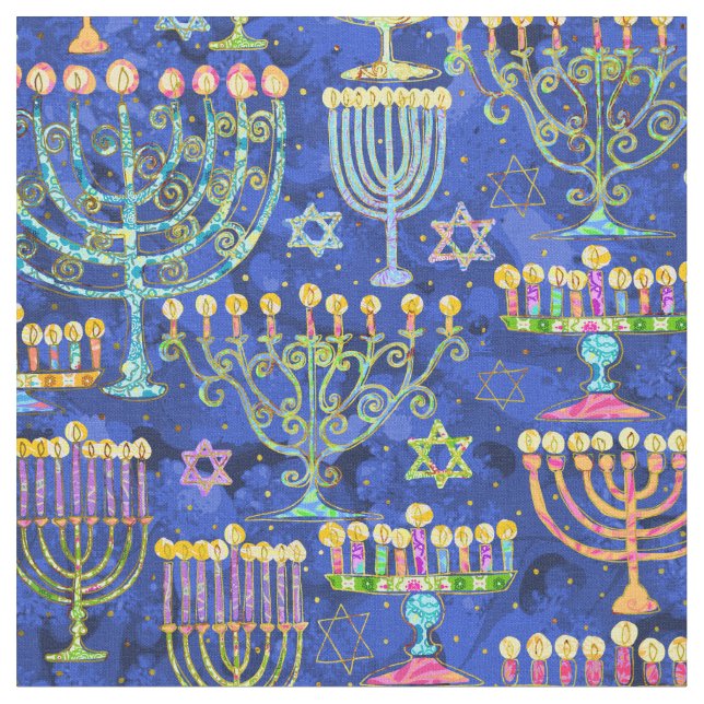 Tissu Hanoukka Blue Gold Menorah Star de David Motif (Fermer)