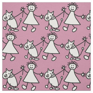 Tissu Happy Stick Girl and Dog