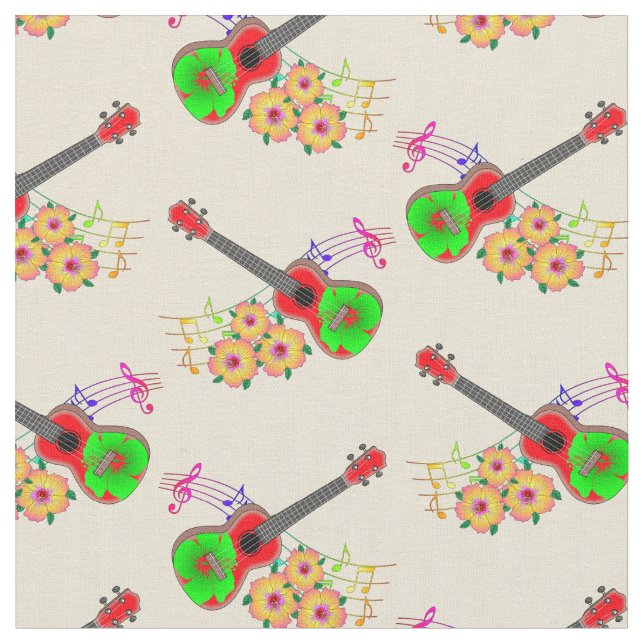 Tissu Hawaiian Ukulele Hibiscus Flowers (Fermer)