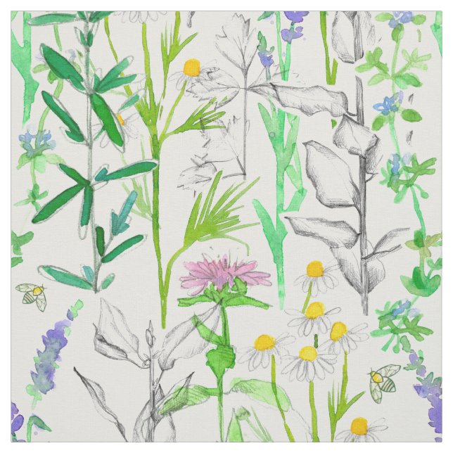 Tissu Herbe Jardin Plantes Chamomile Bee Balm Rosemary (Échantillon)