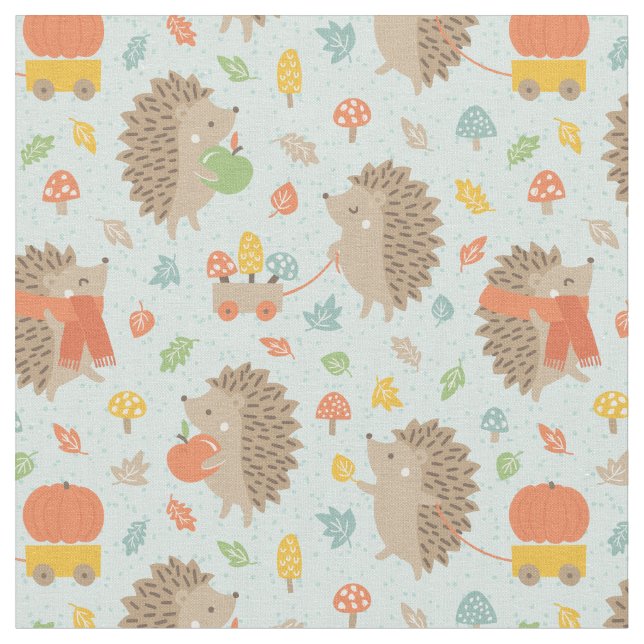 Tissu Hérisson mignon avec Petit Feuille bleu (Fermer)