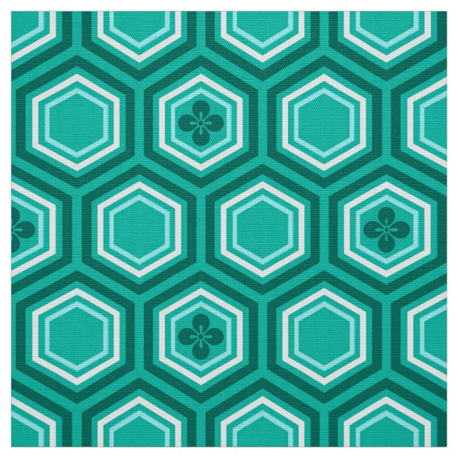 Tissu Hexagonal Kimono Impression, Turquoise et Blanc (Échantillon)