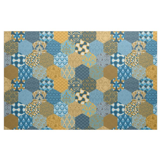 Tissu Hexagons de Patchwork Moutarde et Marine (Fat Quarter)