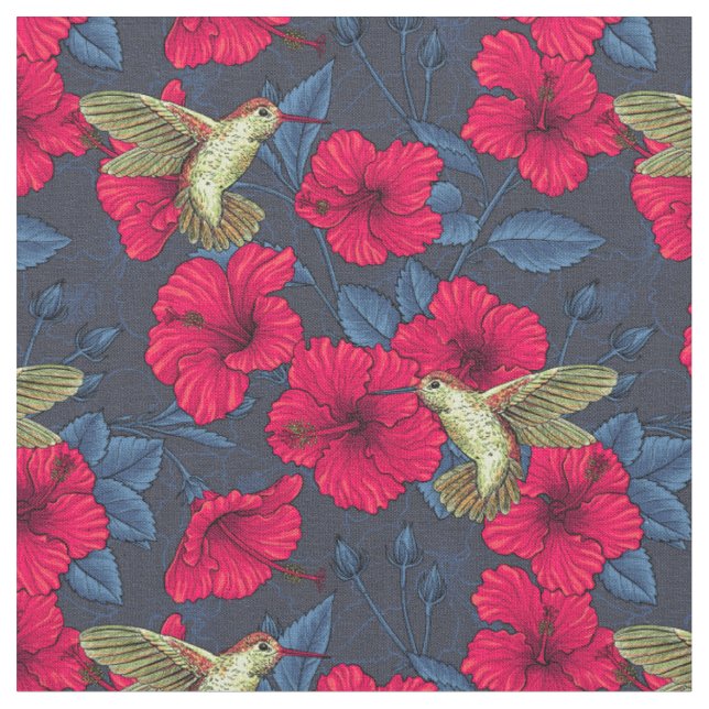 Tissu Hibiscus Botanique Vintage et Colibri (Fermer)