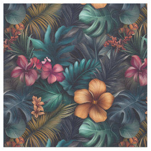 Tissu Hibiscus et Feuilles tropicaux foncés