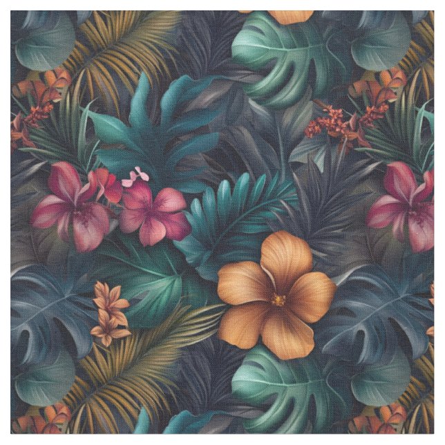 Tissu Hibiscus et Feuilles tropicaux foncés (Fermer)
