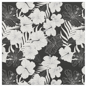 Tissu Hibiscus tropicaux Fleurs Motif noir et blanc
