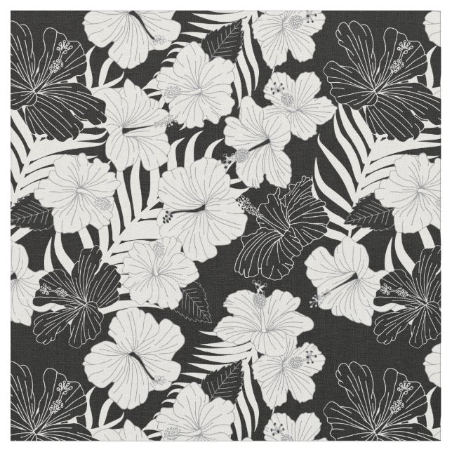 Tissu Hibiscus tropicaux Fleurs Motif noir et blanc (Fermer)