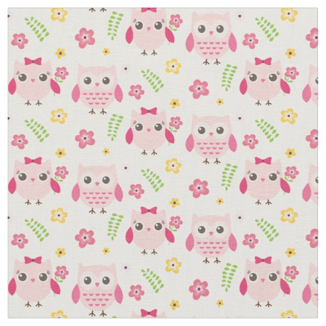 Tissu Hiboux mignons dans le rose avec des fleurs et des (Fermer)