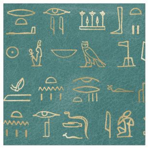 Tissu Hiéroglyphes égyptiens d'or métallique sur vert
