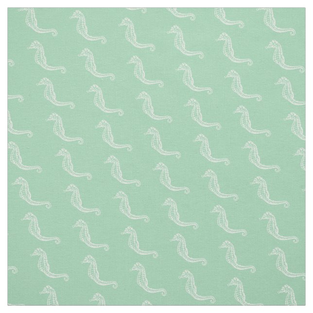 Tissu Hippocampe blanc au-dessus du vert de mer (Échantillon)
