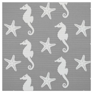 Tissu Hippocampe et étoile de mer - blanc sur gris argen