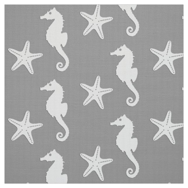 Tissu Hippocampe et étoile de mer - blanc sur gris argen (Échantillon)