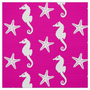 Tissu Hippocampe et étoile de mer - blanc sur rose fuchs