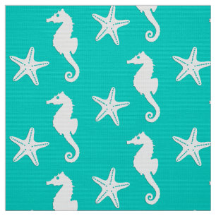 Tissu Hippocampe et étoile de mer - blanc sur turquoise