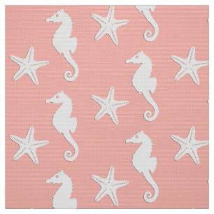 Tissu Hippocampe et étoiles de mer - rose de corail