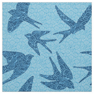 Tissu Hirondelles de Japonais en vol, cobalt et