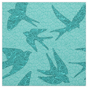 Tissu Hirondelles de Japonais en vol, turquoise et Aqua