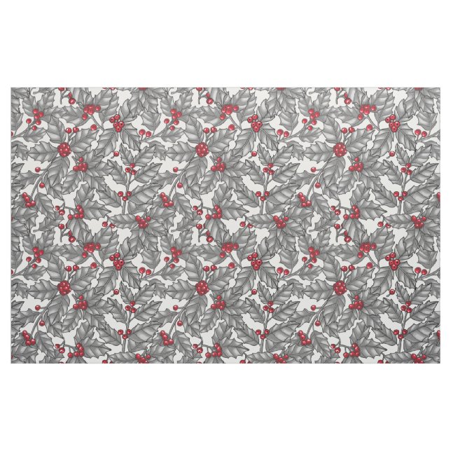 Tissu Holly berry, feuilles gris sur blanc (Fat Quarter)