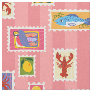 Tissu homard sardine citron timbre collage rayure seafoo