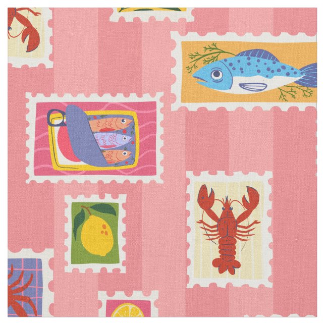 Tissu homard sardine citron timbre collage rayure seafoo (Fermer)
