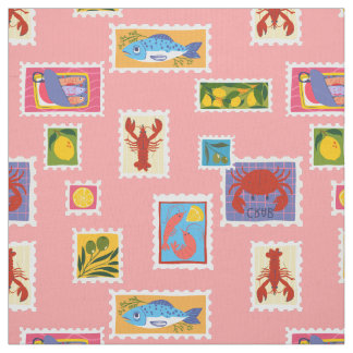 Tissu homard sardine citron timbres collage de fruits de