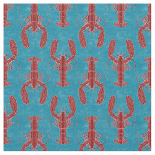 Tissu Homard Tribal Rouge sur Fond Bleu Nautical