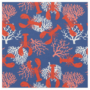 Tissu Homards du Maine Côtier Rouge Blanc Bleu Motif