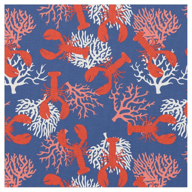 Tissu Homards du Maine Côtier Rouge Blanc Bleu Motif (Fermer)