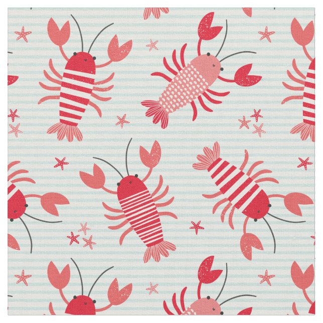 Tissu Homards mignons sur bleu clair rayé blanc (Fermer)