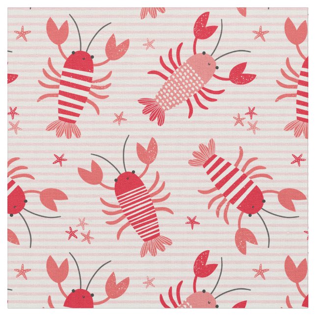 Tissu Homards mignons sur rayure blanche rose clair (Fermer)