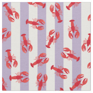 Tissu Homards Rouges Illustrés sur Rayures Violet Clair