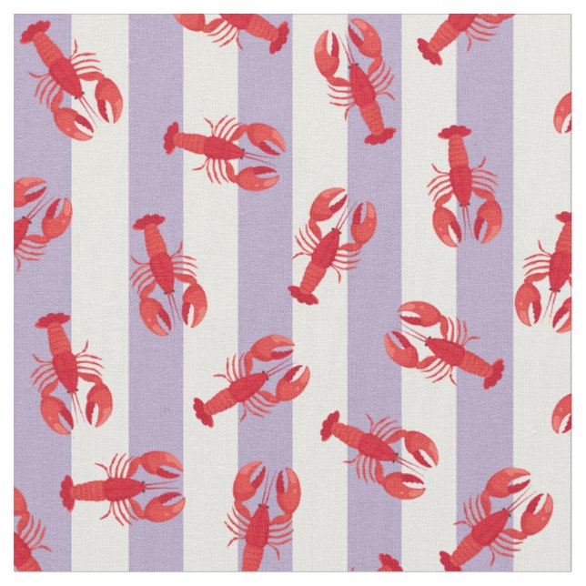 Tissu Homards Rouges Illustrés sur Rayures Violet Clair (Fermer)