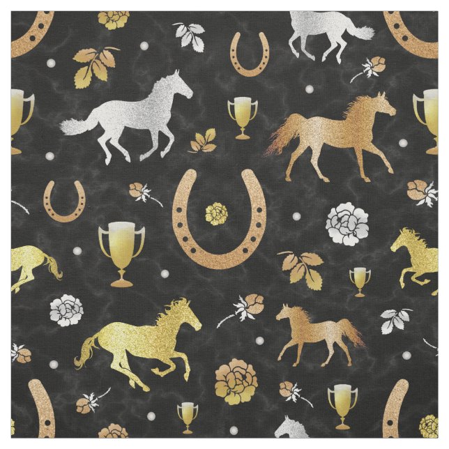 Tissu Horse Racing Derby Day Party Black Gold Motif (Échantillon)