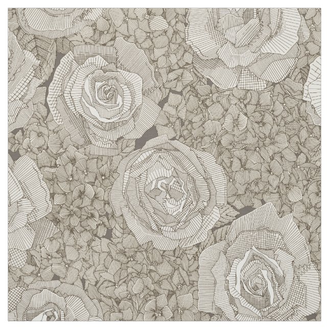 Tissu hydrangea rose floral argent cuir thé (Échantillon)